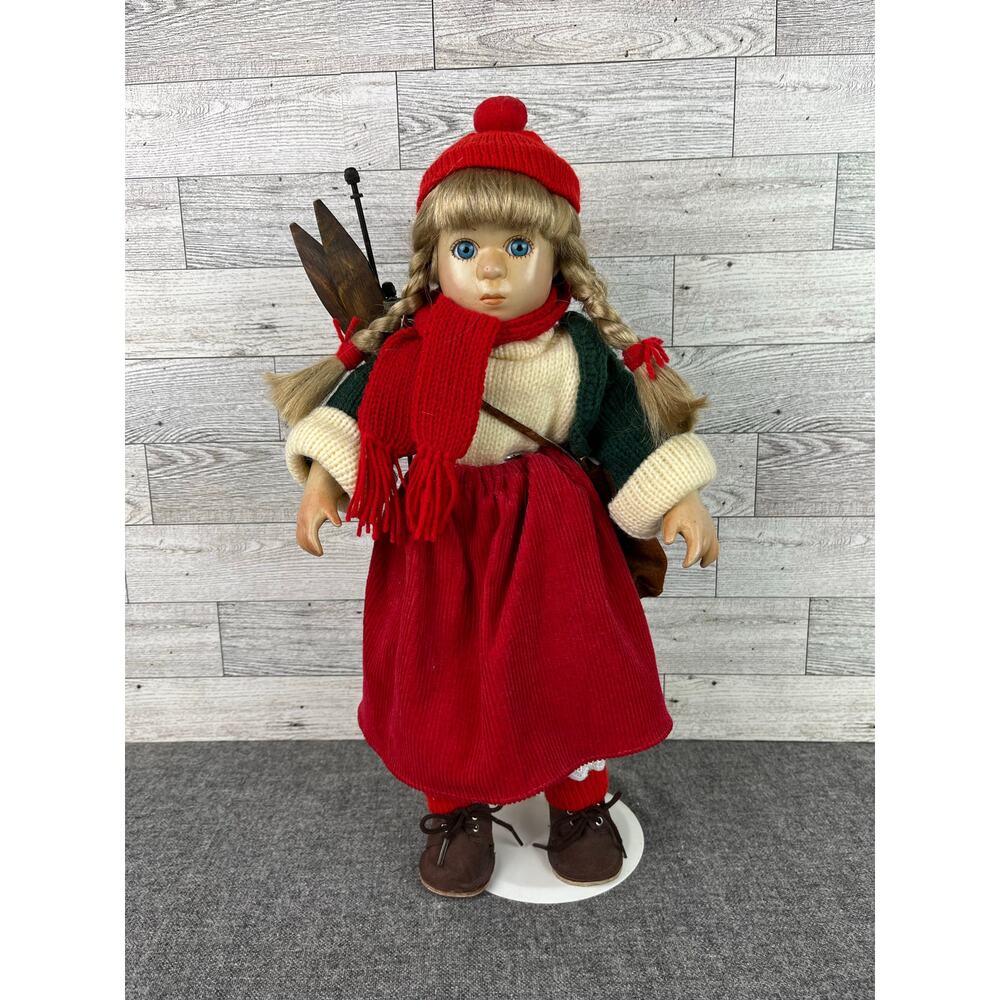 Vintage Porcelain WINTER SKIER GIRL Doll 15in Blonde Braids Outfit With Skis